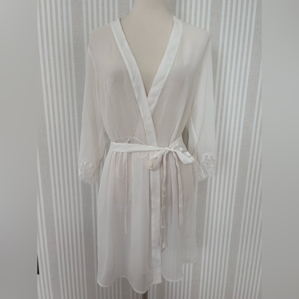 Oscar de la Renta Pink Label Robe Ivory Mesh Lace Sleeve Women’s Size Small - Picture 2 of 11